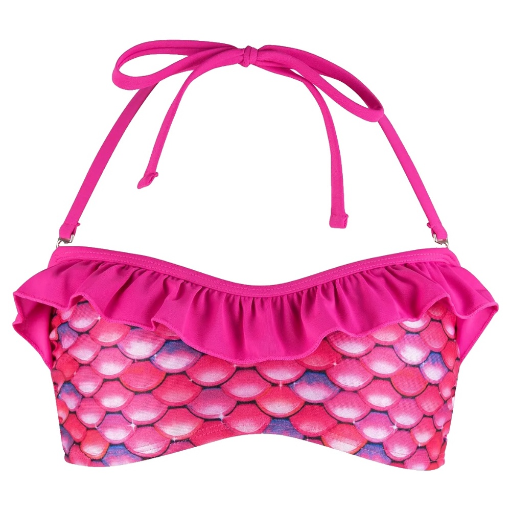 FIN FUN Women's Mermaid Scale-Print Bandeau Bikini Ruffled Halter Top Pink, L